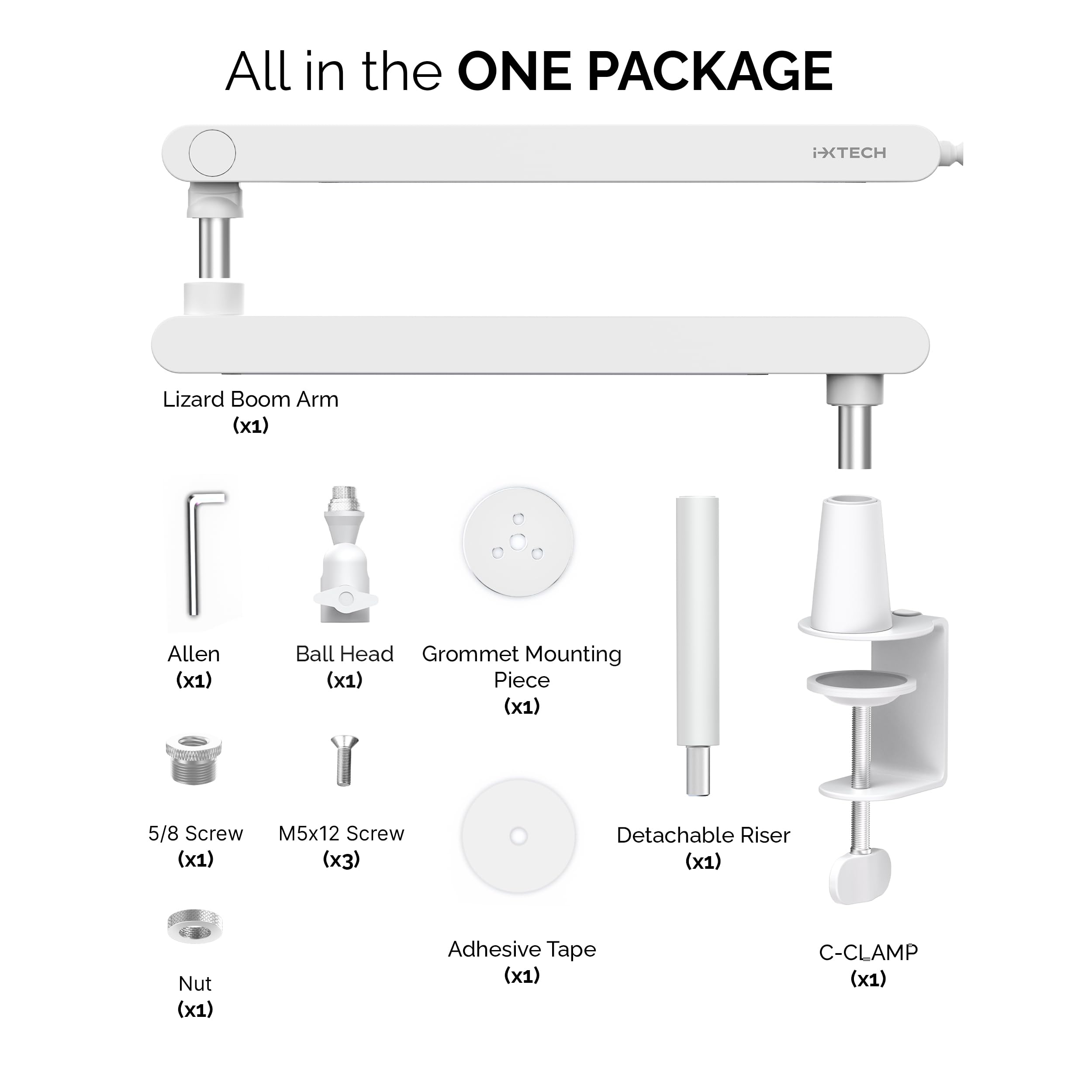 IXTECH Bras de microphone blanc à profil bas réglable avec gestion des câbles intégrée, bras pivotant à 360 °.