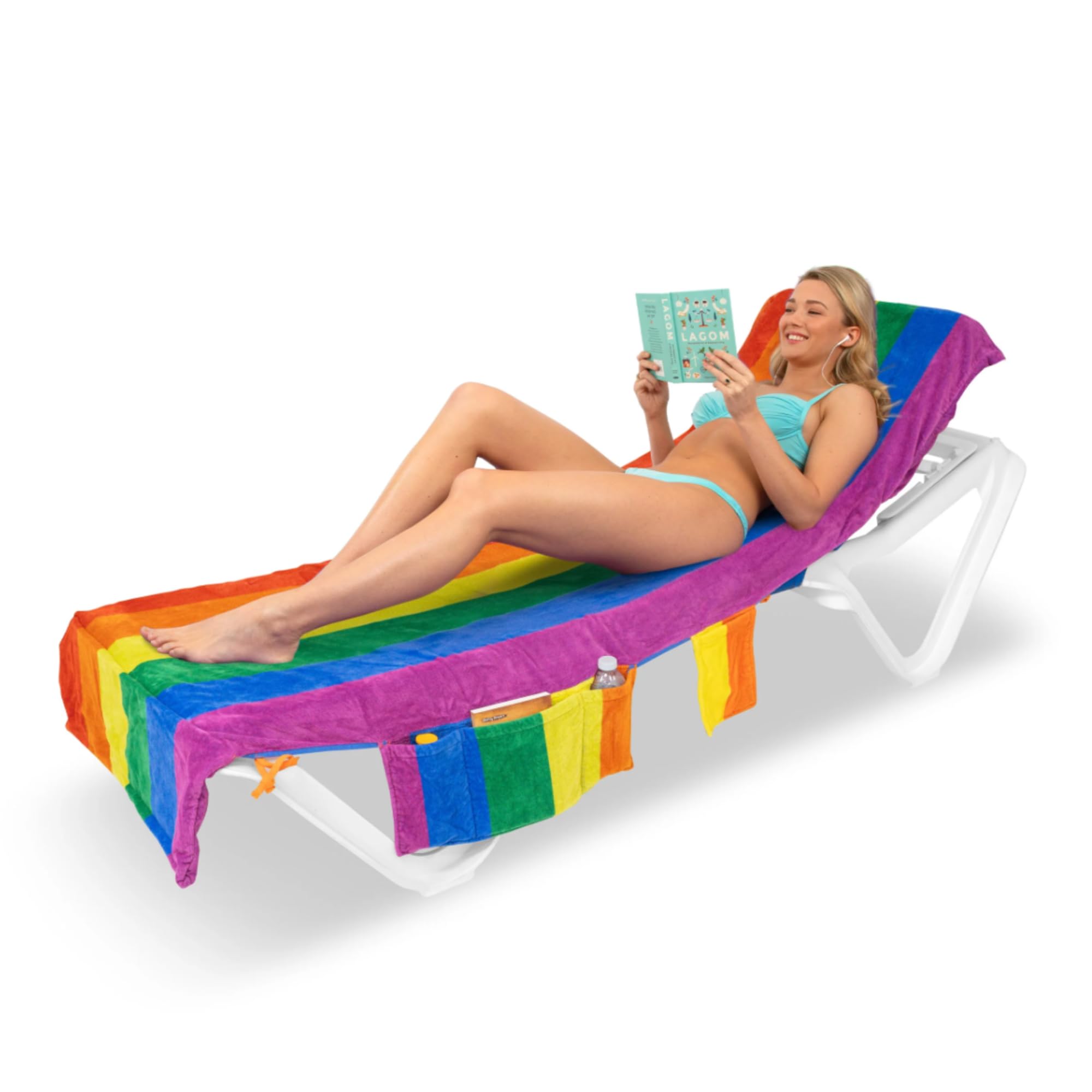 ITSA Velour Beach Towel with Pockets & Handles | 100% Cotton Foldable Sun Lounger Cover | Carry Bag | Secure Storage Beach Towel | Beach Bag (Rainbow)