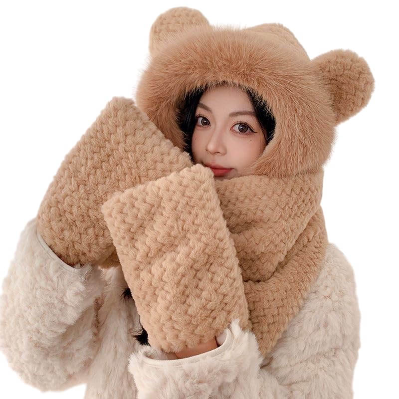 Cute Bear Ear Hat Scarf Gloves 3-in-1 Winter Warm Cap Women Windproof Plush Woolen Hats for Girls Casual Stylish Soft Velvet Fur Cold Weather Beanie | Freesize