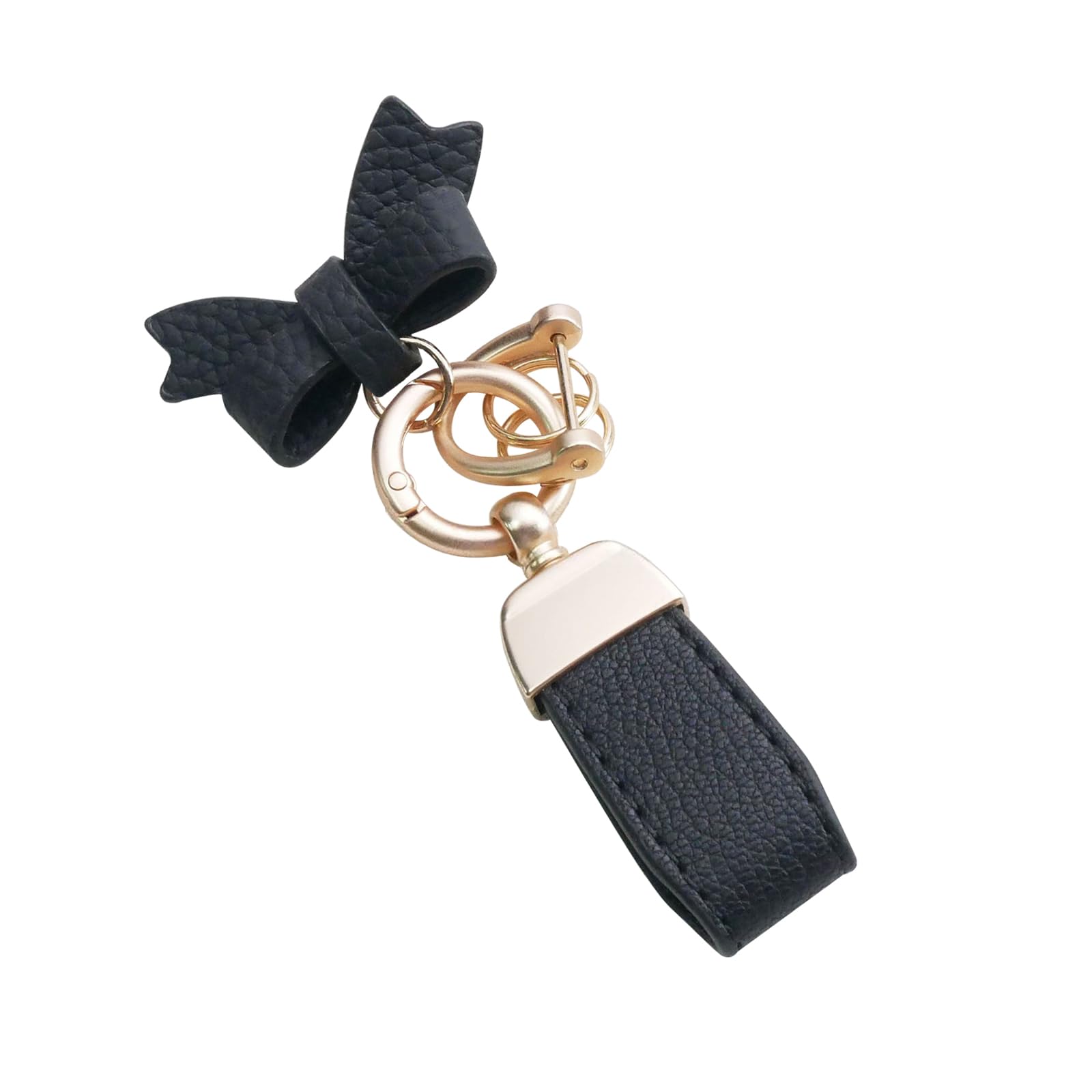[NATUAKE] リボン キーホルダー ストラップ バッグチャーム 可愛い おしゃれ キーリング PUレザー 革 鍵 レディース 女性 大人 チャーム ゴールド (ブラック)