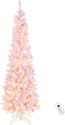 Miniatura 8 de Árbol de Navidad flocado de nieve rosa preiluminado de 7 pies, 800 puntas de rama, 300 luces LED, 8 modos de iluminación, árbol de Navidad
