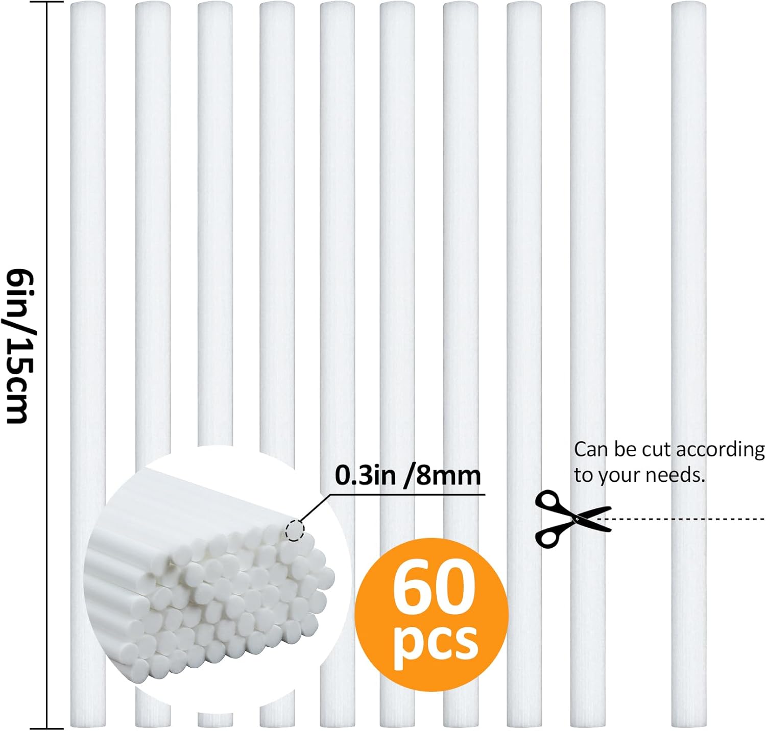 60PCS Humidifier Stick Filter Refill - 6In Humidifier Filter Sticks Air Diffuser Pure Wicks Refill Cotton Filter Stick Replacement Wicks for Small Portable Diffuser in Office Bedroom Home