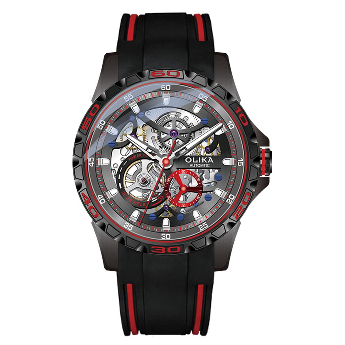 Mode Skelett Wasserdicht Leuchtend Mechanische Uhr, Herren Automatik Mechanische Sport Uhren,Black case red