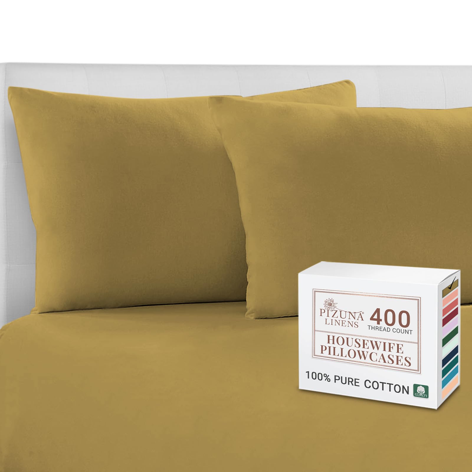 Pizuna Mustard Gold 100% Cotton Housewife Pillowcases 2 Pack 48X74cm, 400 Thread Count Long Staple Combed Cotton Pillow Cover, Sateen Weave Standard Housewife Pillowcase (Cotton Pillowcase Pack Of 2)