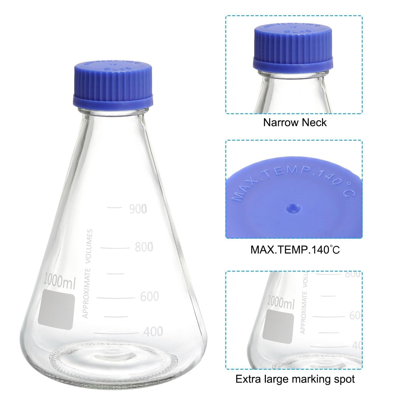 Matraz Erlenmeyer, 1000ml - Vidrio Borosilicato, Graduado, Boca Estrecha con Tapón Roscado para Laboratorio(CC,1000ml/33.8oz)