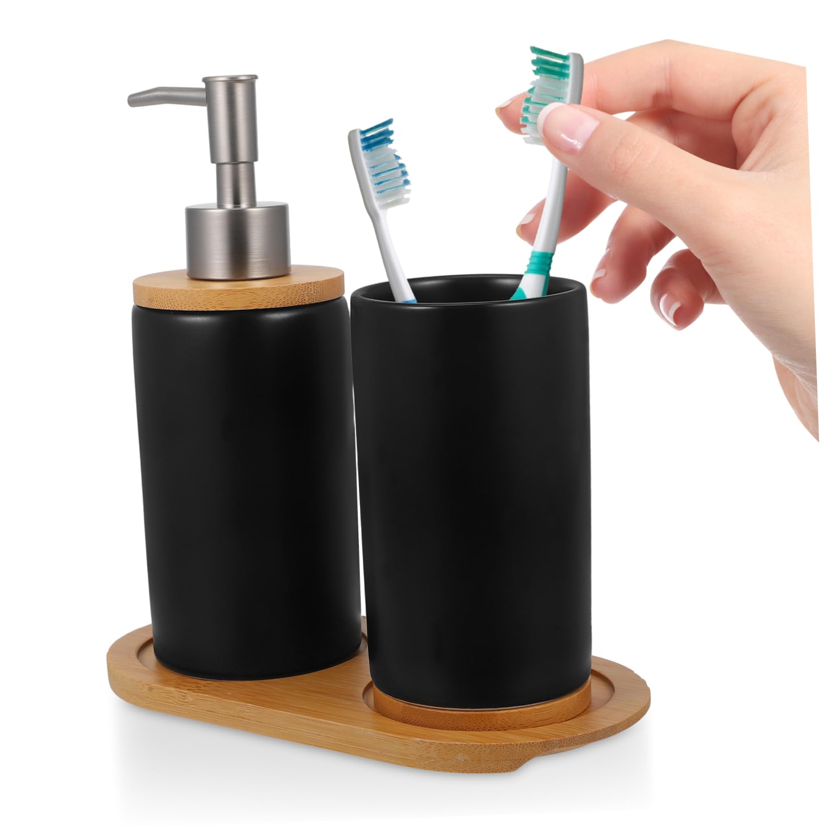 Set Accessori Bagno in Ceramica e Bambù Dispenser Sapone e Bicchiere da 350ml, Design Semplice e Portatile per Bagno e Regali House Warming