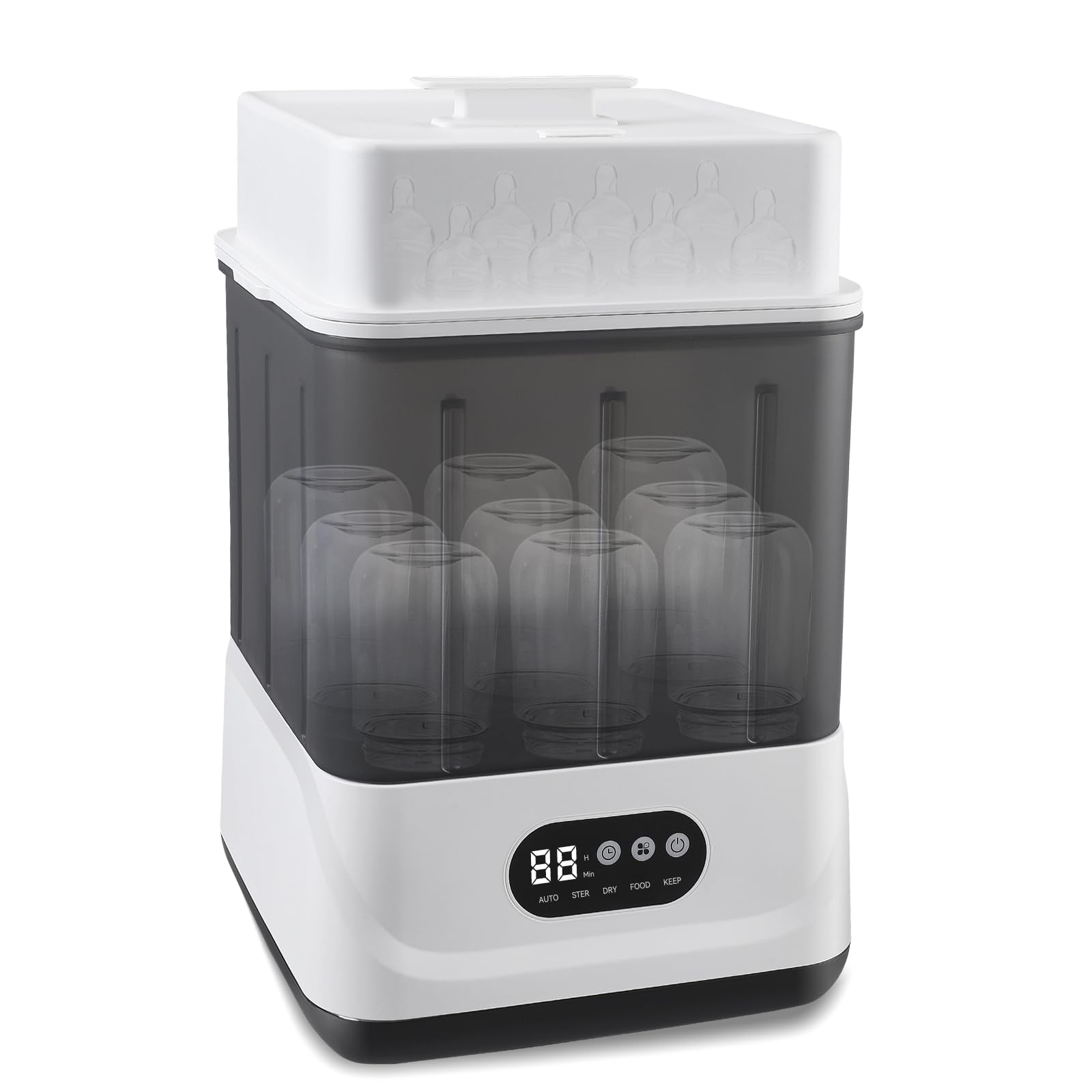 Hoyiyobi Babyflaschen Sterilisator und Trockner, Sterilisator für Babyflaschen mit Trocknerfunktion Sterilisiert, Trocknet & Heizt,Schnuller-Sterilisator und Selbstabschaltung, 9 Flaschen Kapazität