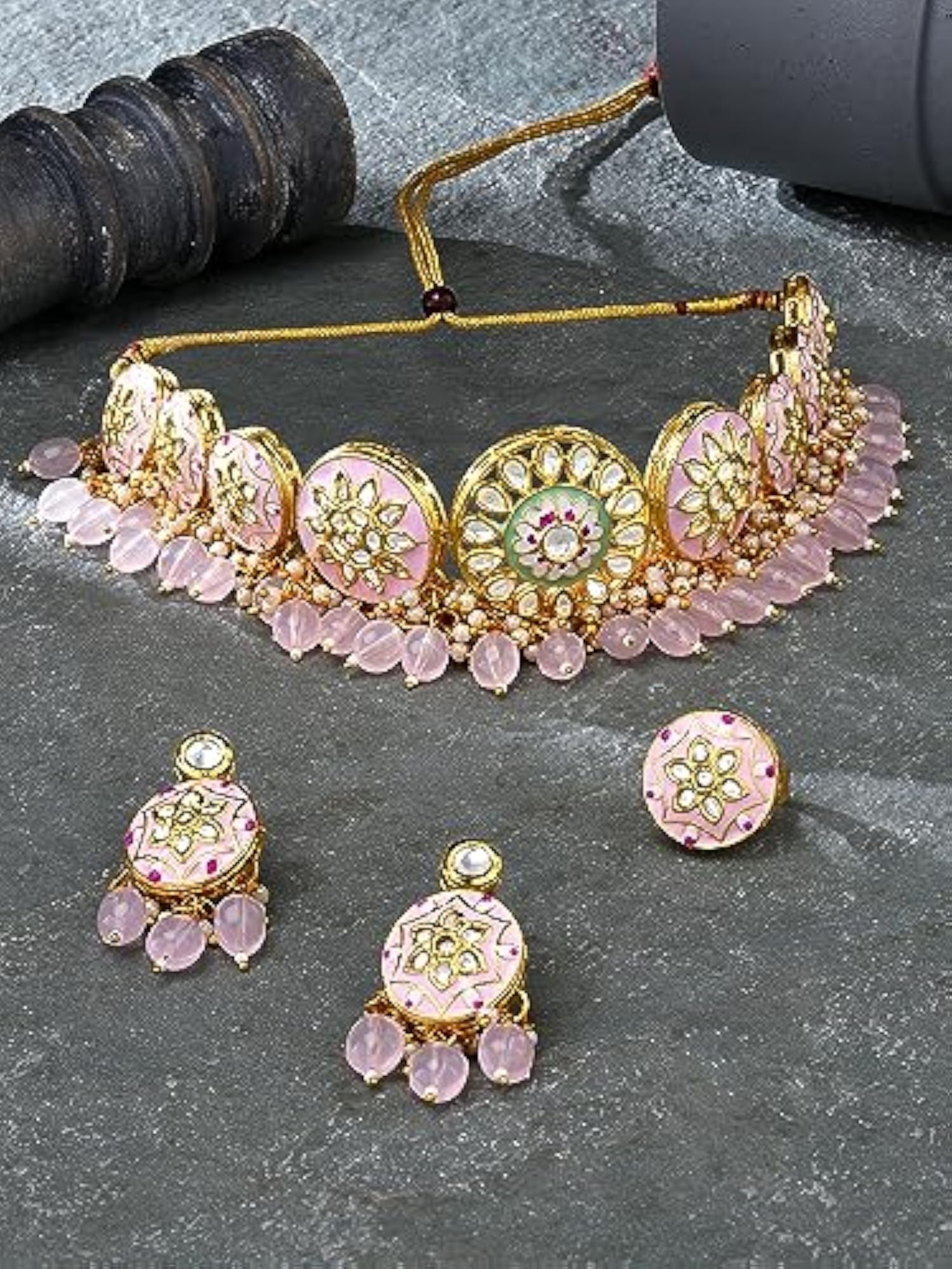 Green Meenakari Kundan Beads Necklace Earring & Ring Set