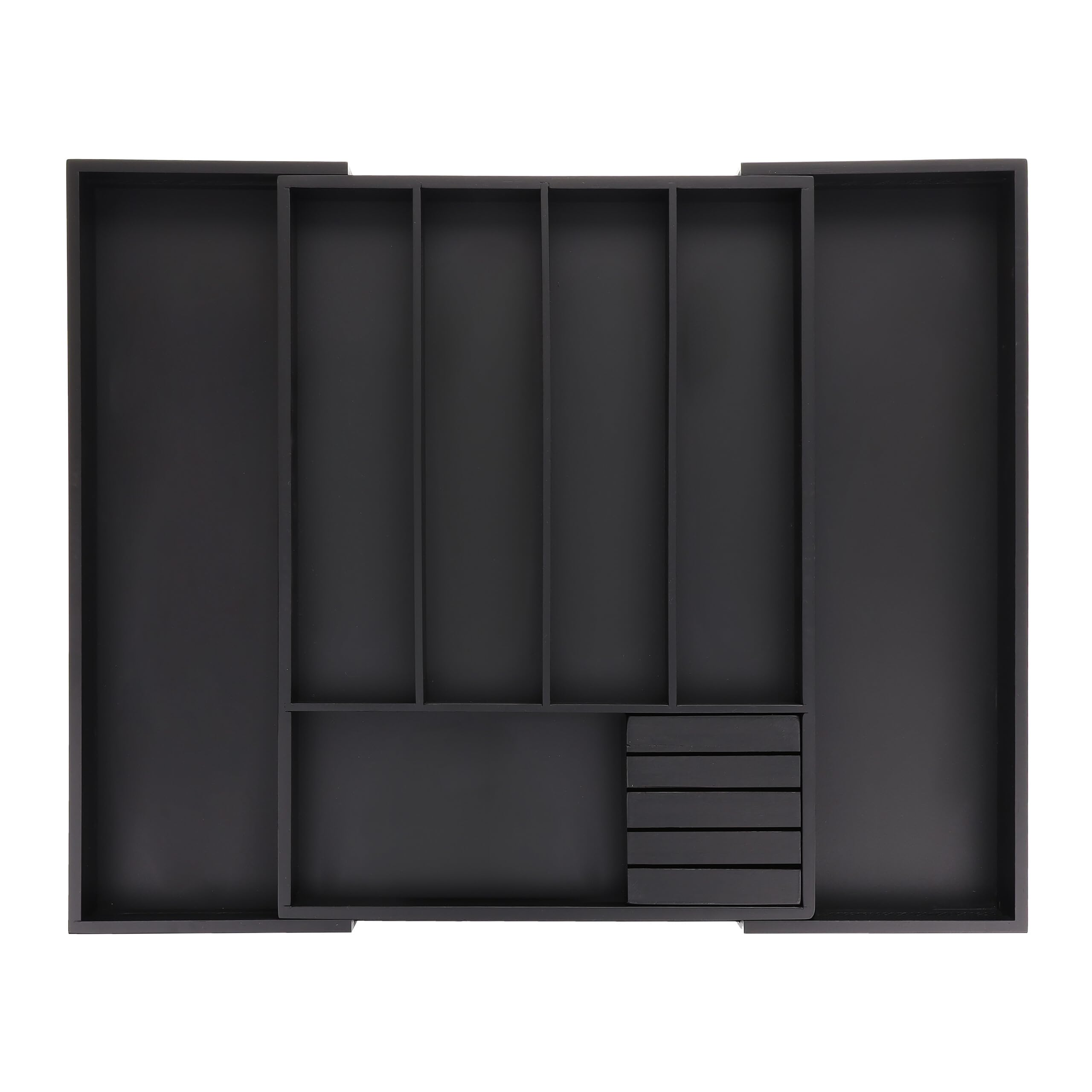 Relaxdays Pojemnik na sztućce wysuwany, bambus, wys. x gł.: 5 x 32,5-55 x 44,5 cm, 5-7 przegródek, półka na sztućce z blokiem na noże, czarna, 1 sztuka