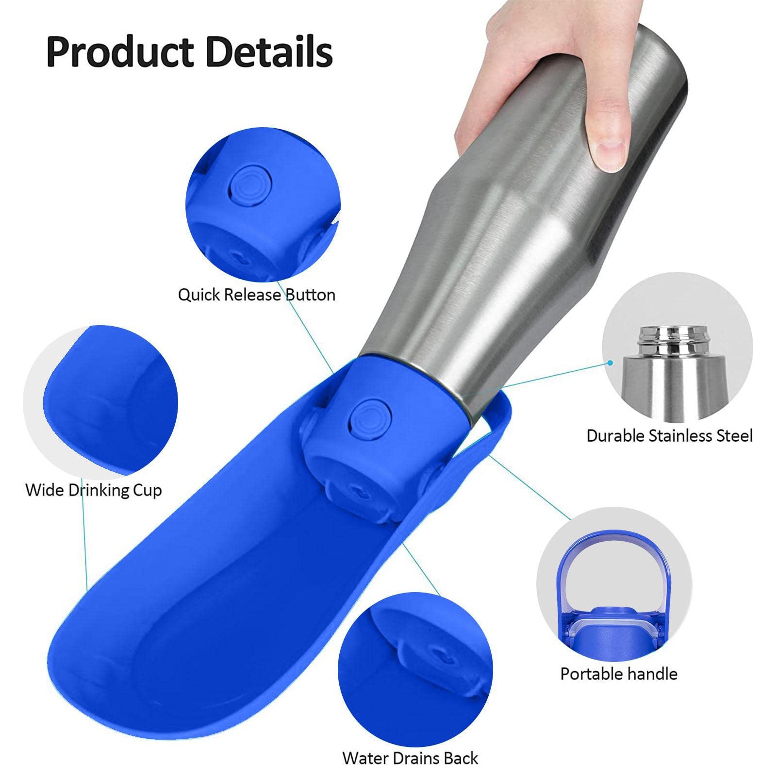 Borraccia per cani da viaggio, 750 ml, pieghevole, in acciaio inox, portatile, a prova di perdite, coperchio per cani, per escursioni, campeggio, viaggi