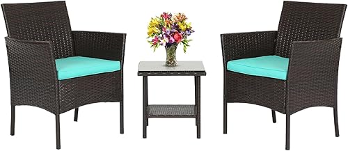 FDW Juego de 3 piezas de muebles de exterior de mimbre marrón para patio, juego de sillas de ratán para bistró, juego de conversación, 2 sillas con