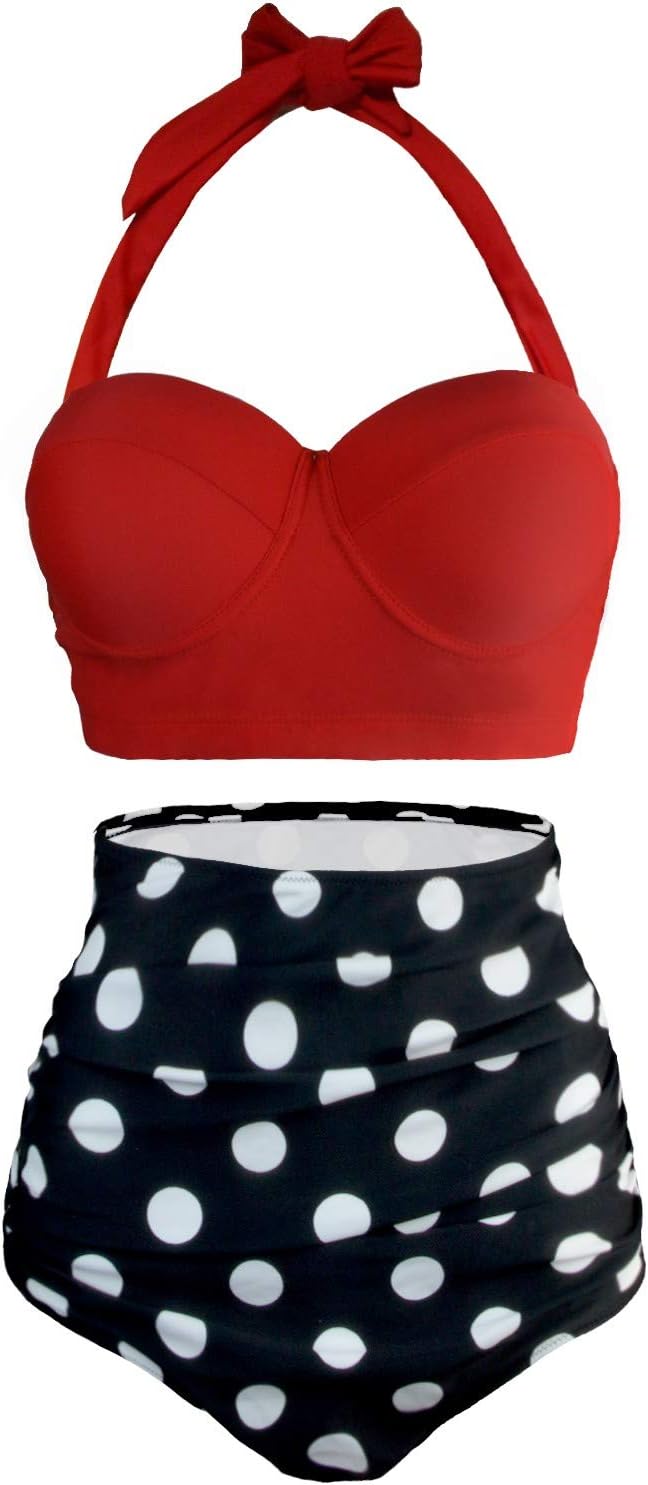 UPhitnis Women's Bikini Set Vintage Polka Dot High Waisted Bikini Swimming Costume Backless Swimsuit Bathing Suit Red Size UK 12-14