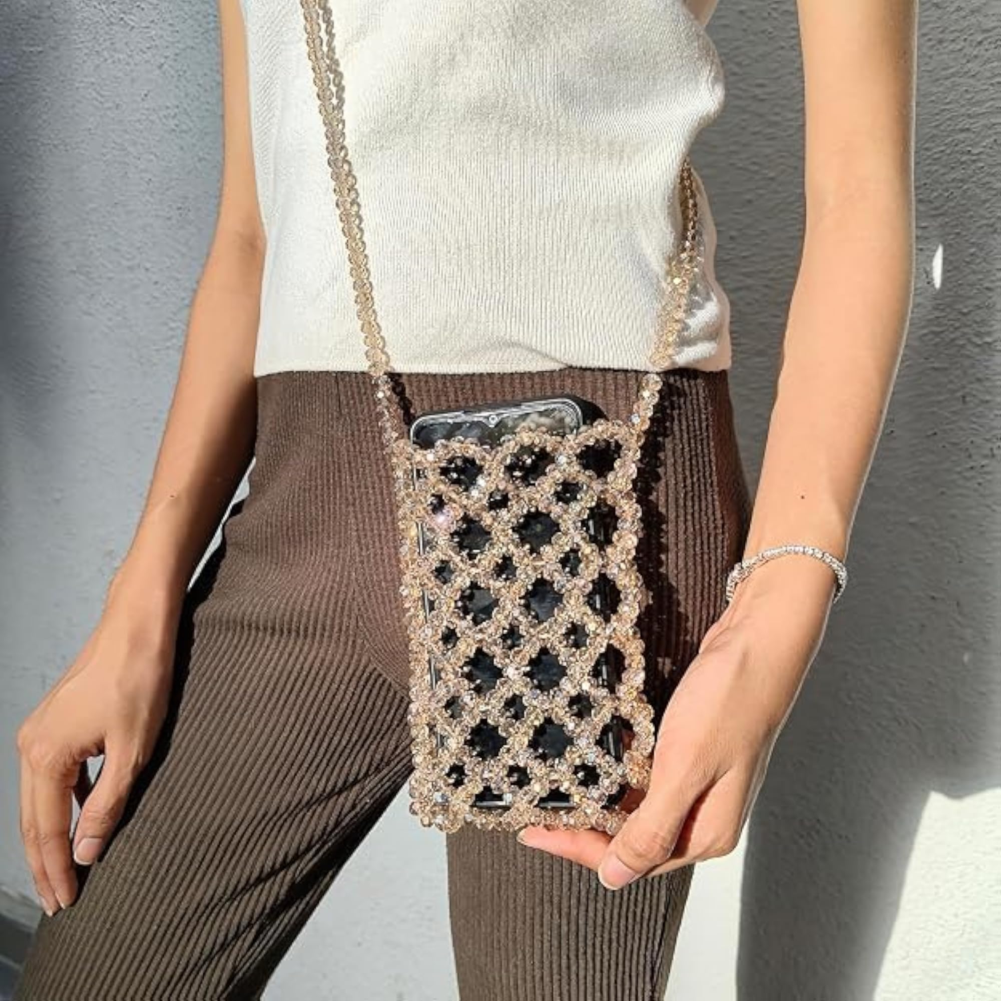 Handmade Crystal Beaded Crossbody Bag for Women, Beige