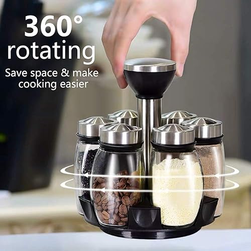 Miniatura 2 de Soporte organizador giratorio de 6 tarros, organizador de especias para encimera de cocina, incluye 6 botellas de vidrio, gran regalo para chefs y
