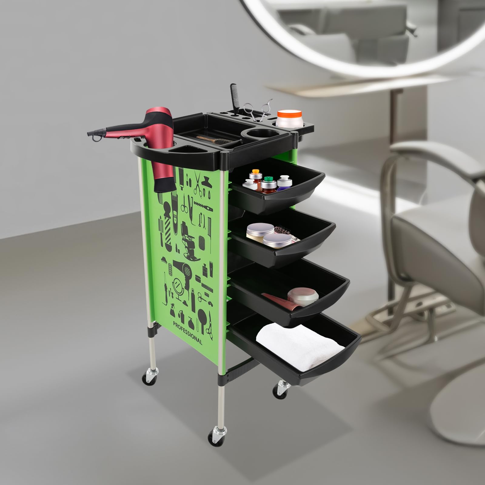 Carrello da parrucchiere con 4 cassetti e ruote, per salone, carrello da lavoro, trolley da parrucchiere (verde)