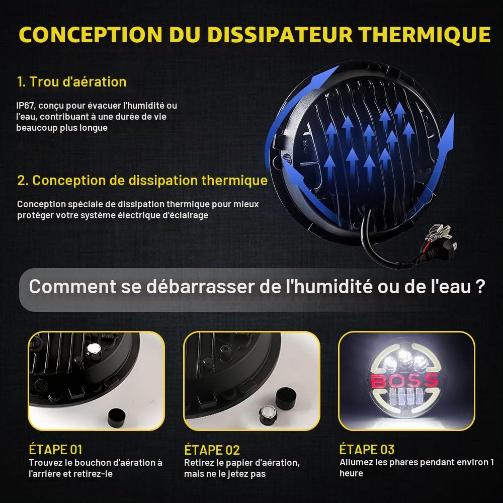 Lot de 2 7 Pouces LED Phare, 150W 10000LM 4 Modes Eclairages Halo DRL ámbar feu de virage Vitesse de la lumière haute et basse H6024 pour Wrangler LJ TJ CJ JK Hummer H1 H2 Land Rover Defender
