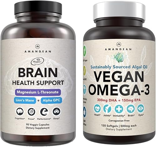 AMANDEAN Paquete de Omega-3 para cerebro y vegano treonato de magnesio, melena de león cultivada en Estados Unidos 61, alfa-GPC y algas DHAEPA.