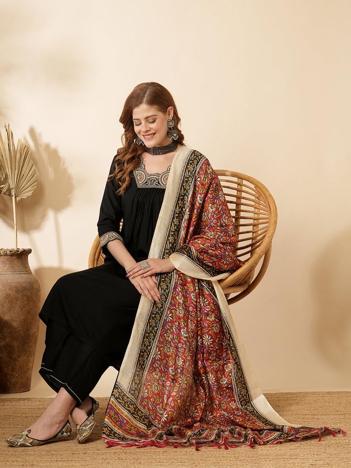 Image of Solid Ethnic Embroidered A-Line Pleated Kurta with Palazzo & Printed Dupatta
