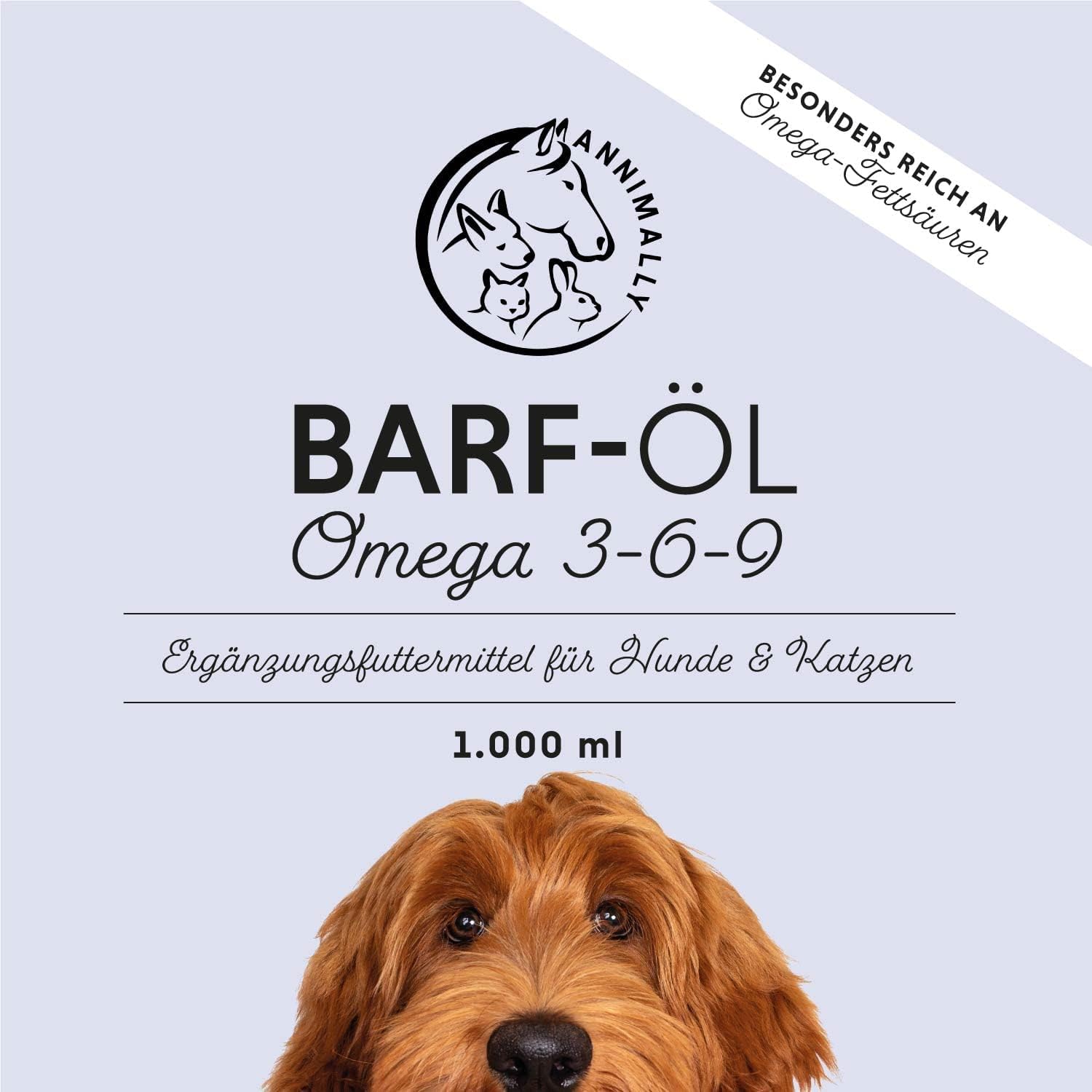Barf Öl für Hunde 1000ml Barföl mit Omega 3-6-9 aus: Lachsöl, Rapsöl, Hanföl & Borretschöl - Futteröl für Hund als Futter Topping (Barf Zusatz)