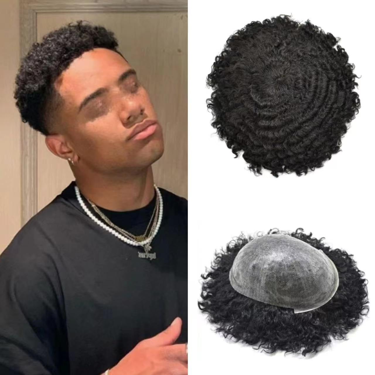 Afro Curly Toupee 0.1mm PU Base Human Hair Units for Black Men African American Afro Wavy Black Mens Hair System Brazilian Hair Wig8 X10#1B Off Black-