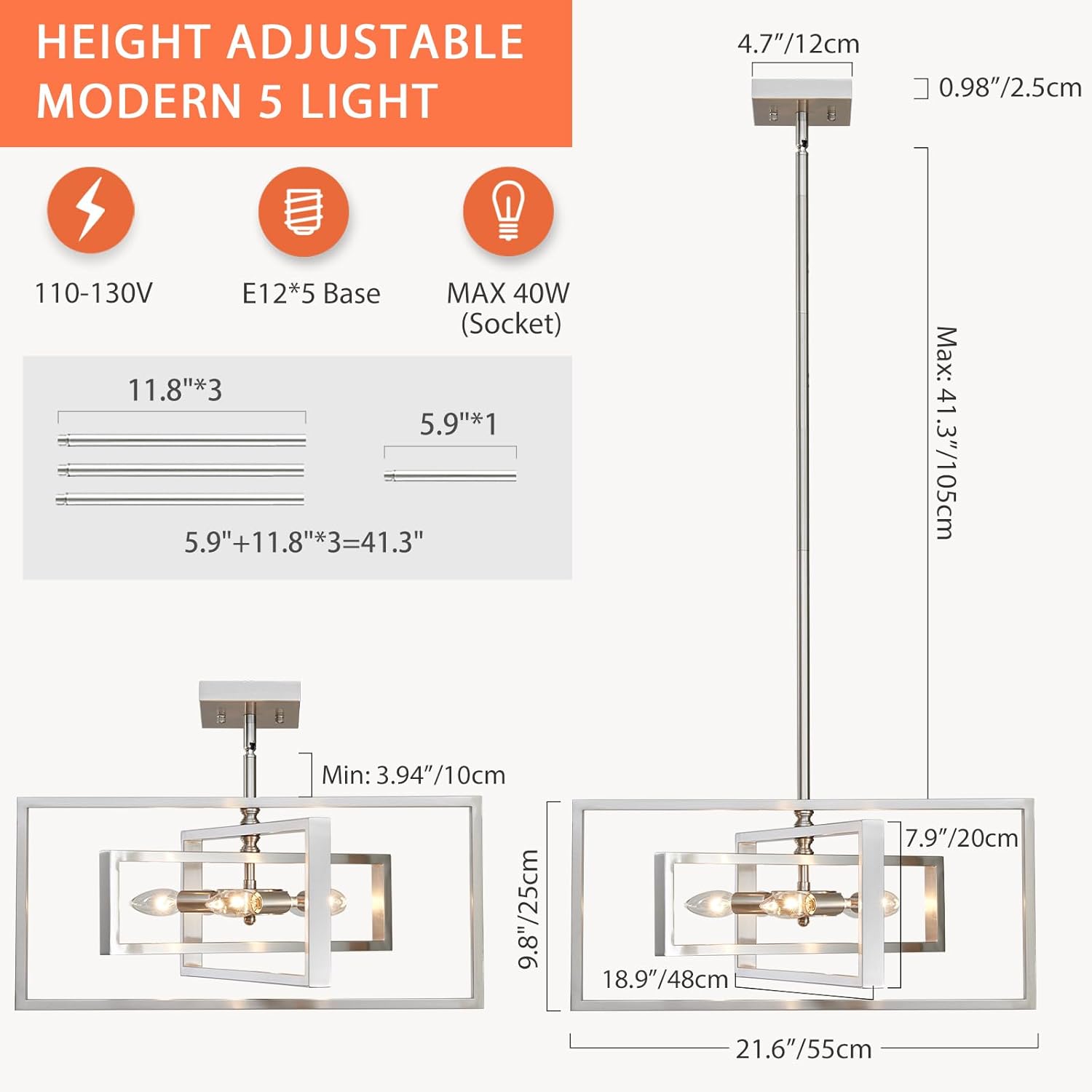5-Light Modern Brushed Nickel Chandelier 22" Semi Flush Mount Ceiling Light Pendant Lighting Fixture for Dining Room Bedroom Living Room Kitchen Entry Foyer