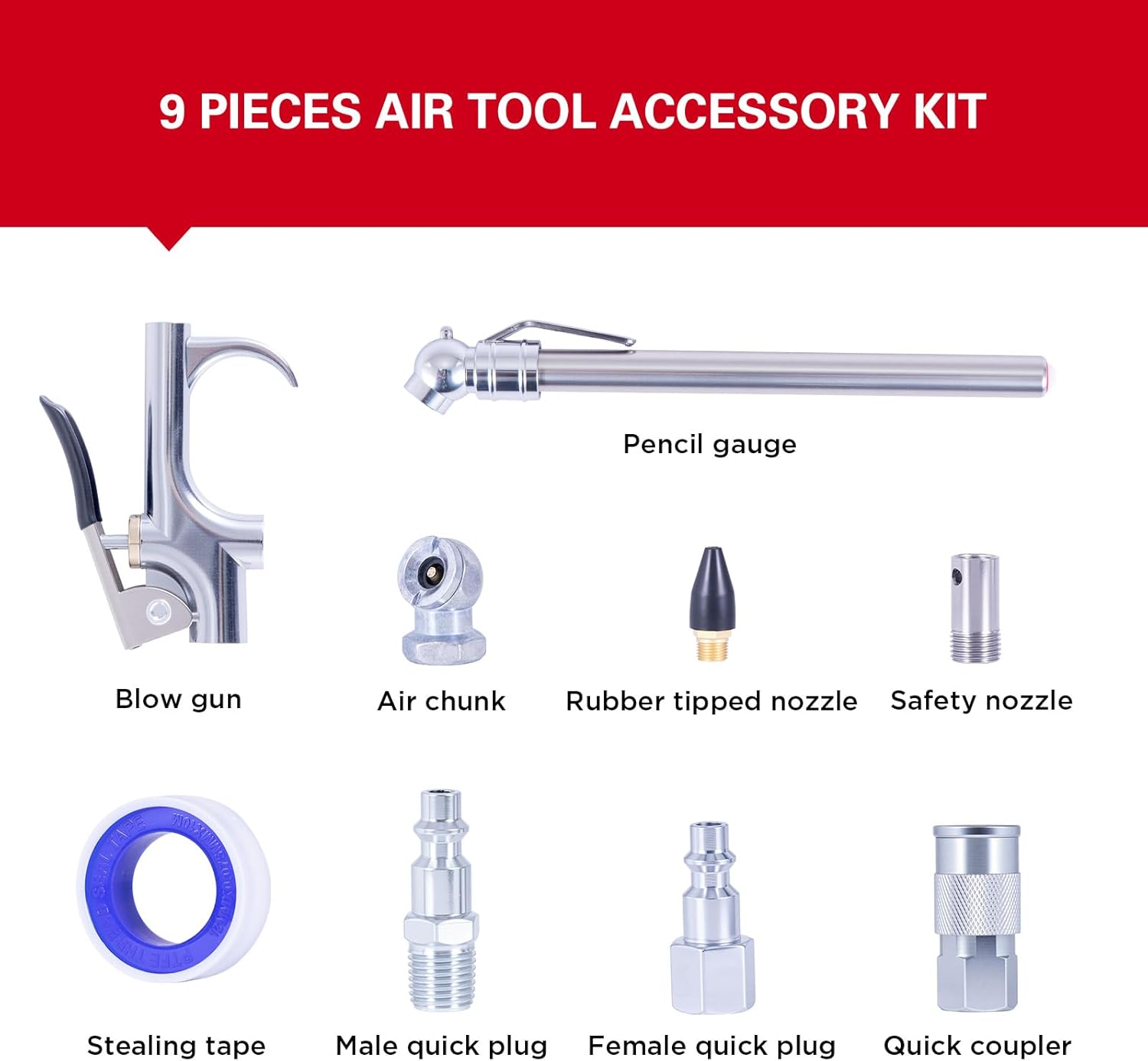 ECOMAX Air Compressor Accessories 10PCS, 1-1/4 Inch × 25FT Red PVC Hose, Includes Blow Gun, Fittings, Chuck, Tire Gauge