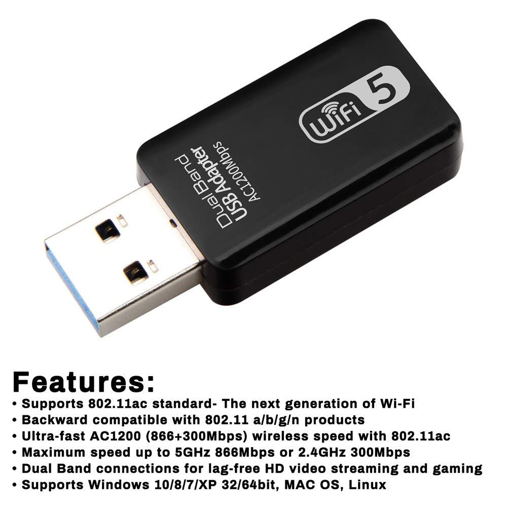Adaptateur USB sans fil double bande Carte réseau WiFi 2.4G 5G Interface hôte AC1200Mbps USB3.0