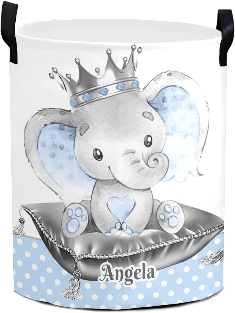 Personalized Custom Elephant Laundry Baskets with Name Collapsible Clothes Storage Basket with Handle for Bathroom Bedroom Kitchen