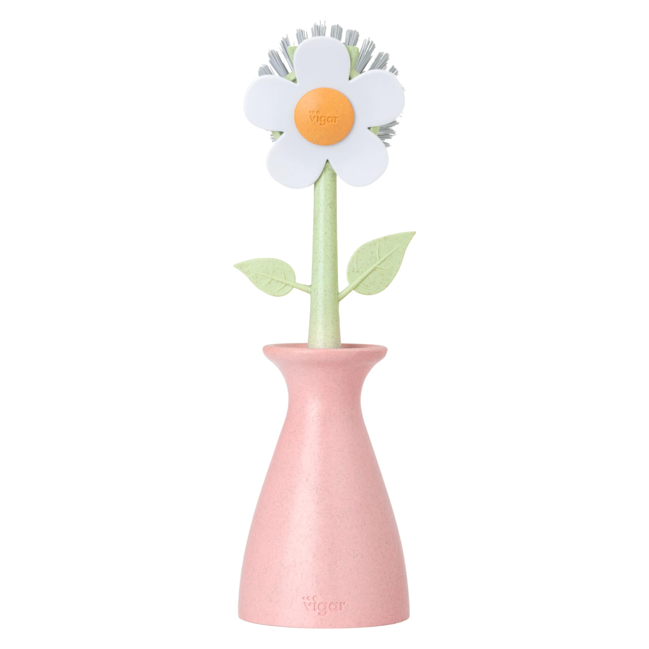 Vigar Florganic Daisy-Shaped Dish Brush with Vase Dish Brush Holder, Dish Brush with Handle, for Pot Scrubber, Kitchen Dishes, and Sink Cleaning, Pink