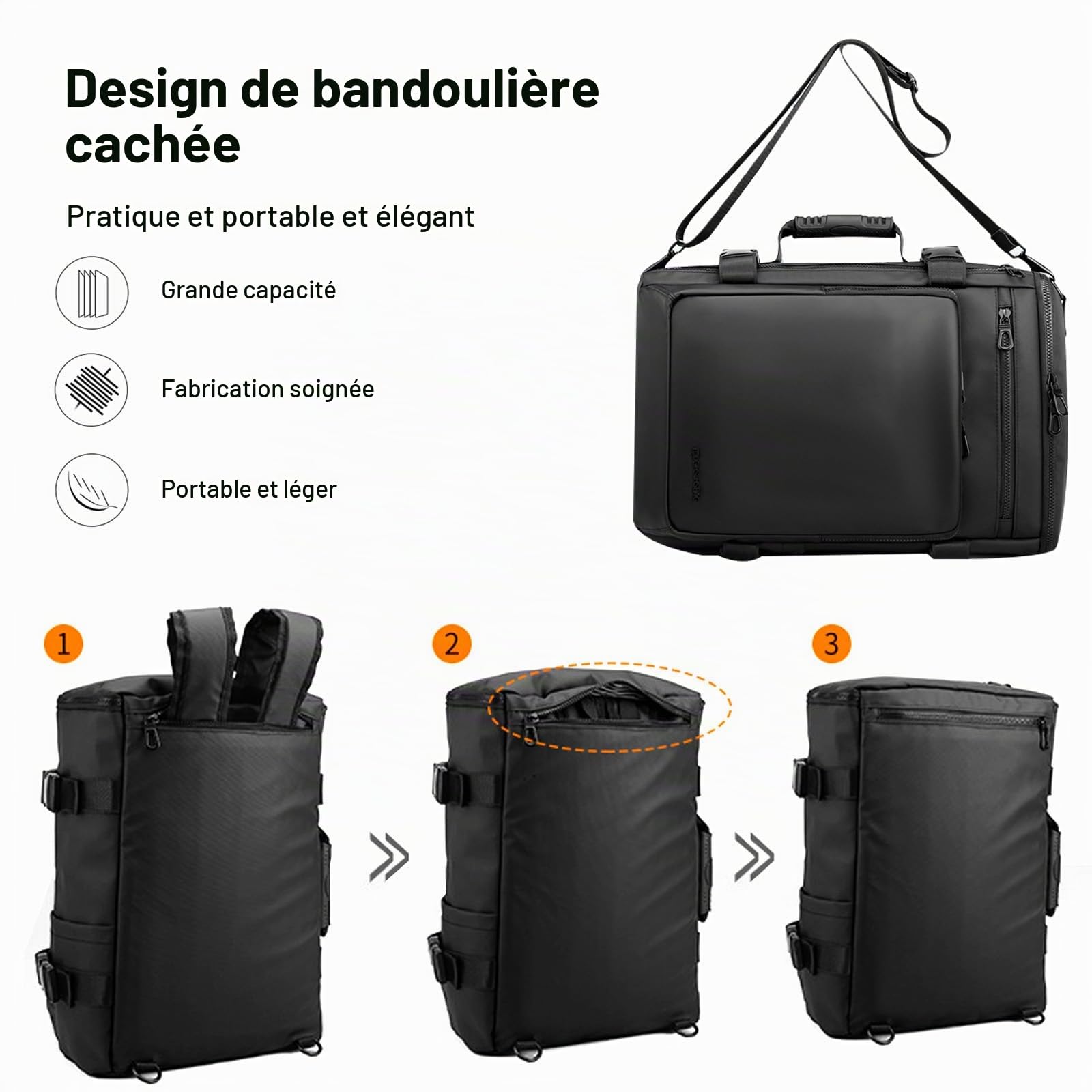 FANDARE Sac à Dos Convertible 3 Voies - Voyage Cabine Avion, Bagage à Main, Fourre-Tout en Cuir, Bandoulière, Ordinateur Portable - Pour Homme - Noir
