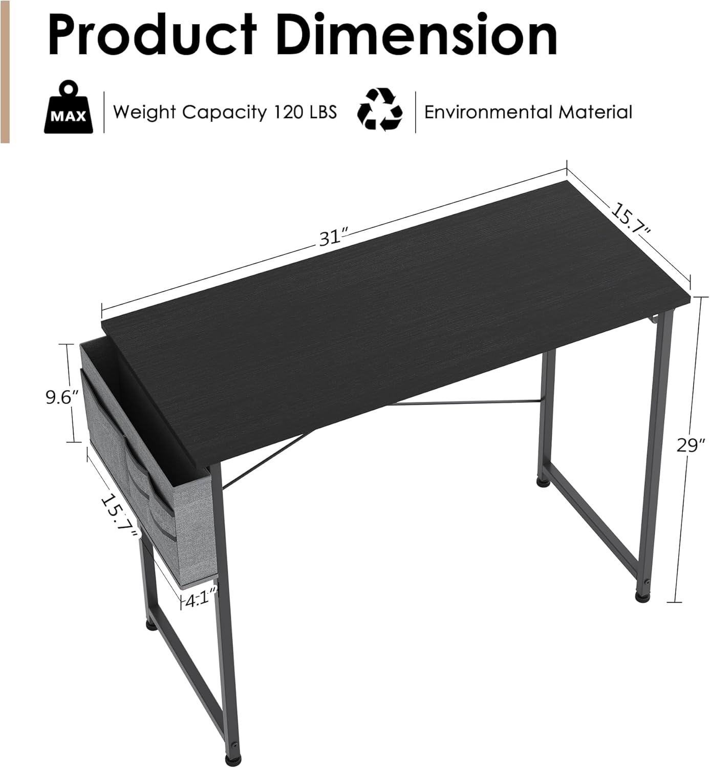 COTUBLR 31 Inch Computer Desk, Home Office Desk, Simple Modern Small Desk for Bedroom, Writing Desk with Storage Bag, Study Table for Students, Black - Image 3