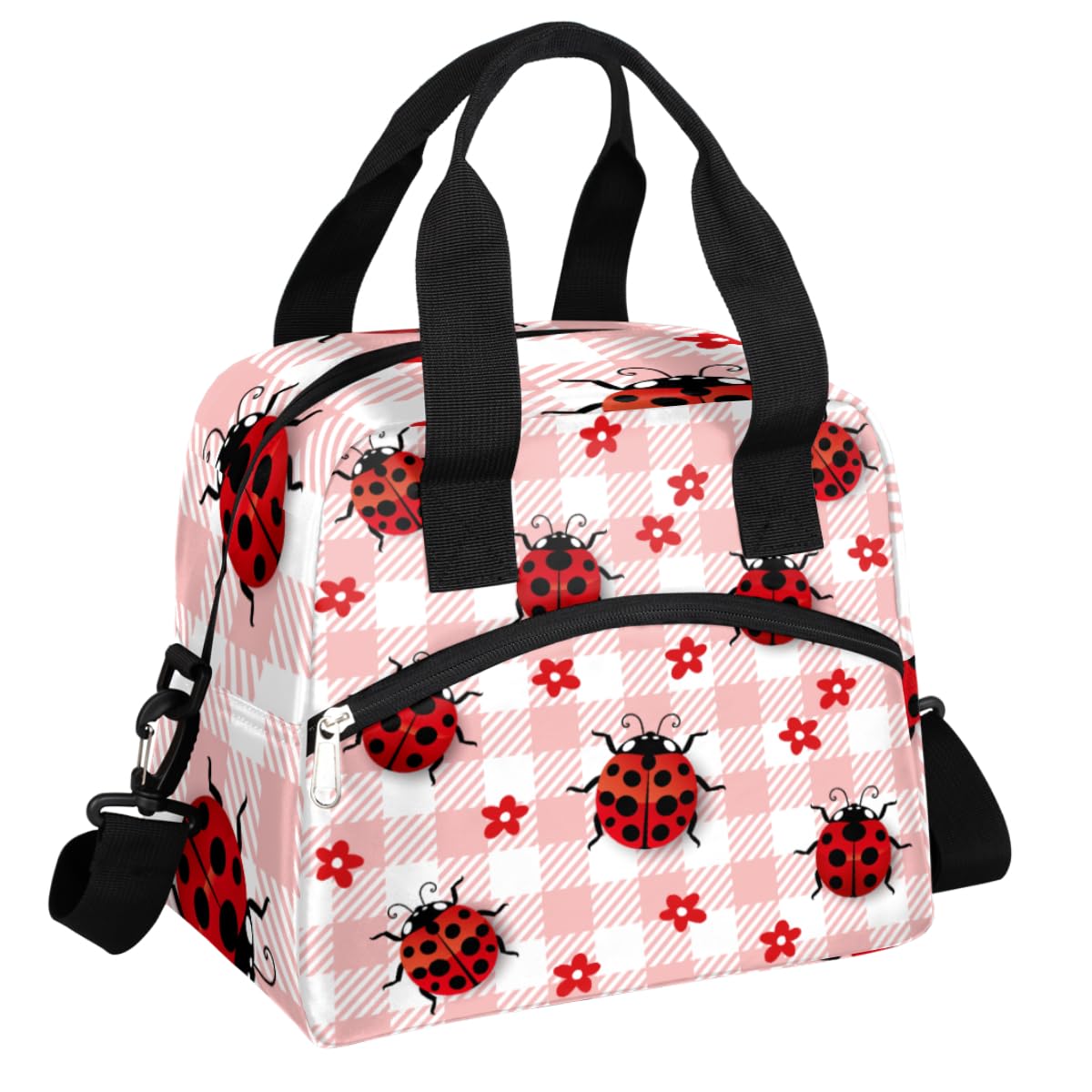 Lunch Bag Box Cute Ladybugs Flower Plaid Check Insulated Cooler Lunch Tote Bag Container Snacks Organizer for Women Men Adult Office Work Picnic Hiking