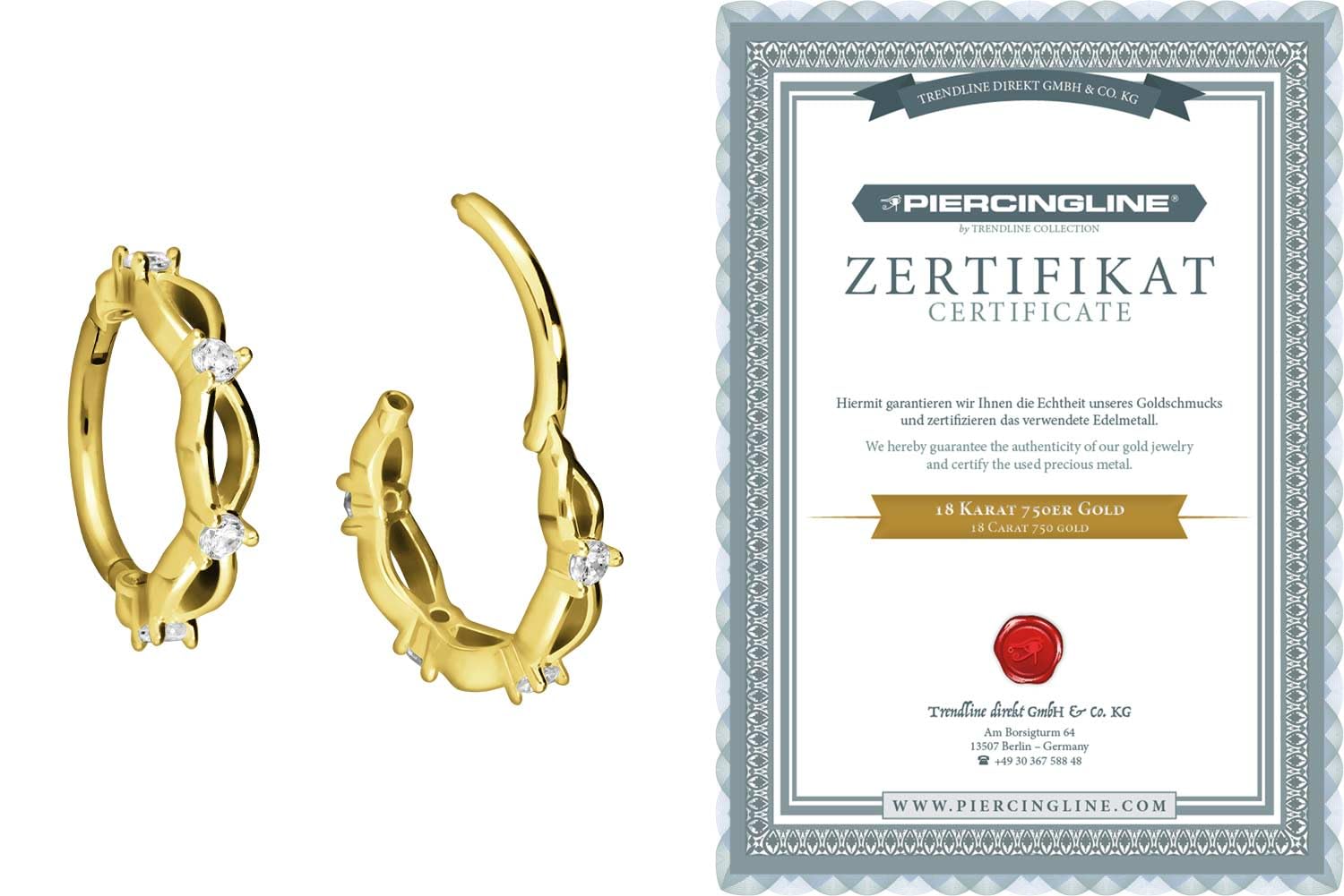 PIERCINGLINE 18 Karat Gold Piercing für Nase, Septum, Ohr, Helix oder Tragus Segmentring Clicker DOPPELT GEDREHT + Kristalle