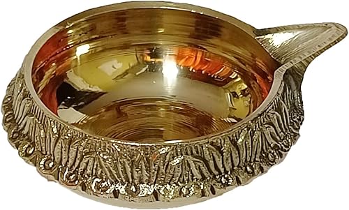 Miniatura 3 de PARIJAT HANDICRAFT Lámpara de aceite de latón indio Puja hecha a mano, lámpara dorada Diya con diseño grabado, diámetro de 2.5 pulgadas, paquete de 1