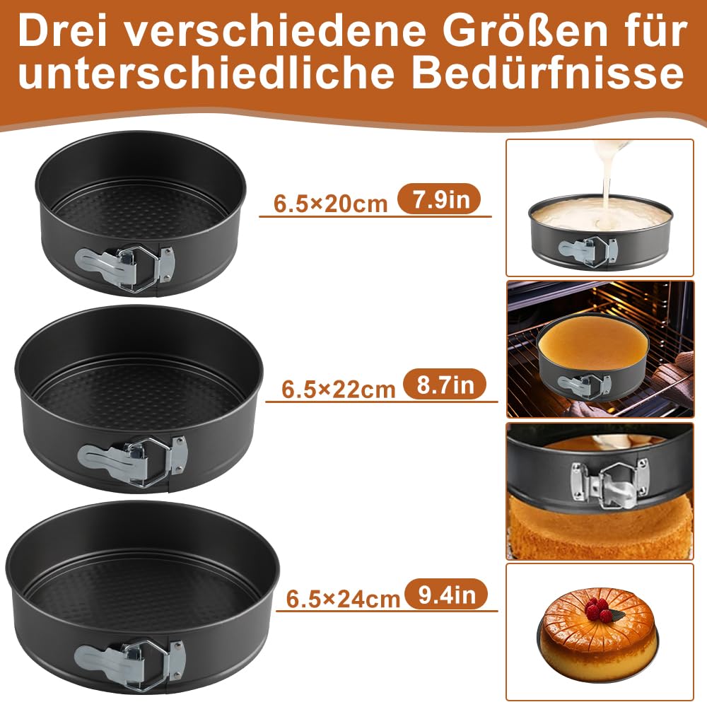 Lot de 3 Moule à Manqué Rond, 20/22/24cm Moule à Gàteau Rond, Carbone Moules à Charnière Avec Fond Amovible, Moule Bento Cake pour Faire Gâteaux