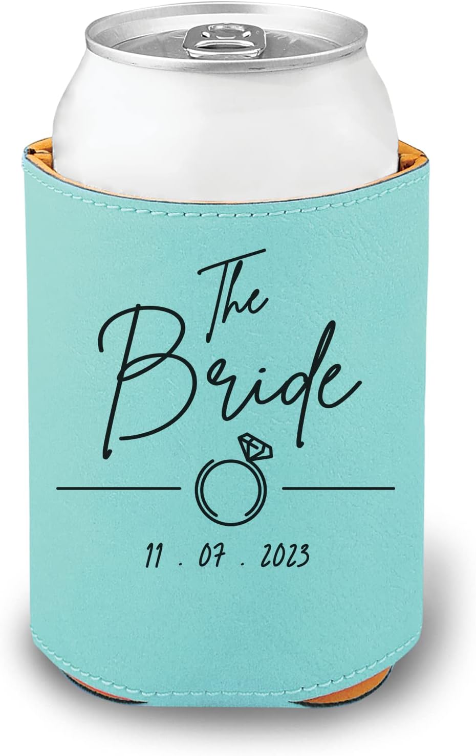 Bride & Bride's Crew Vegan Leather Can Cooler - Personalized With Wedding Date - Bridal Party Gift Favor - Bridesmaid Cozie Beverage Sleeve (6-Pack, Bride's Crew, Rawhide/Black)