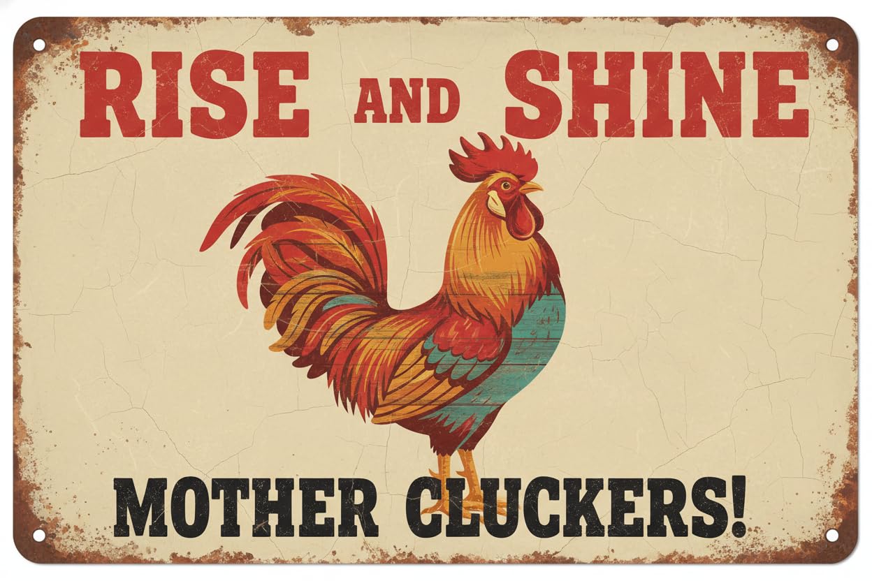 Funny Chicken Sign - Rise And Shine Mother Cluckers Vintage Metal Signs Farm Country Home Decor 12" X 8" Aluminum Plates Printed