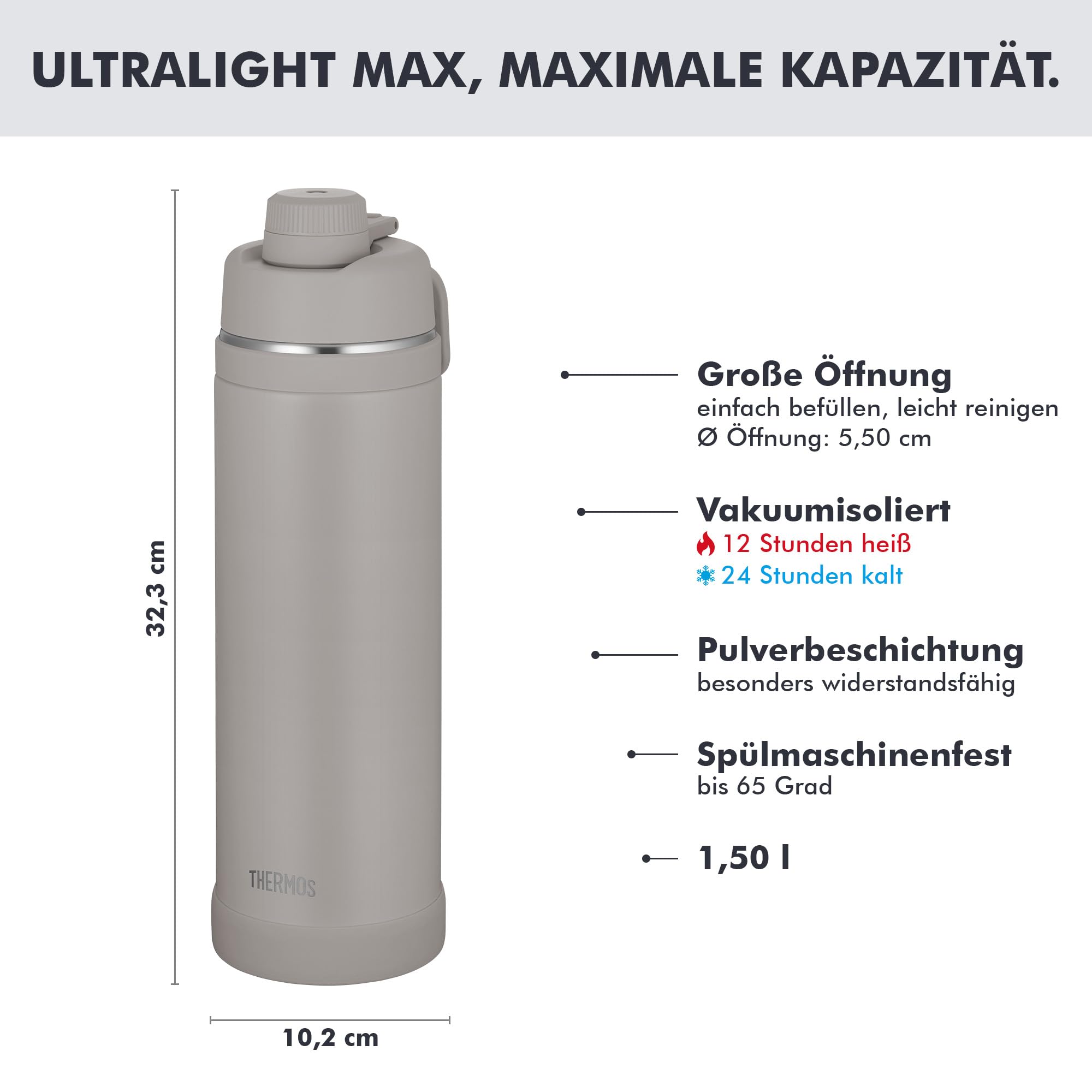 THERMOS ULTRALIGHT MAX Isolierflasche 1,50 l, 24 h kalt, moon rock mat | 12 h heiß, ultraleicht, absolut dicht, Edelstahl-Trinkflasche mit Tragegriff, für Sport, Outdoor & Reisen, grau