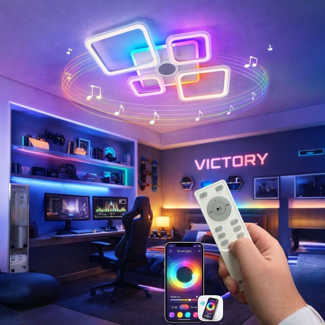 Partenopea Plafoniera LED 70W Smart RGB+CCT con Cassa Bluetooth, Dimmerabile, 5 Quadranti Design Moderno 725x455mm, Telecomando e App, Luce Calda Naturale Fredda, Lampada Soffitto Interno Bianca