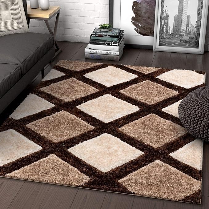 Image of Carpet for Living Room 5X7 FEET Modern Soft Shaggy Carpet Thick, Fluffy & 2 inch Pile Shag Rug for Your Kids Room, Bedroom & Livingroom (Brown Black)