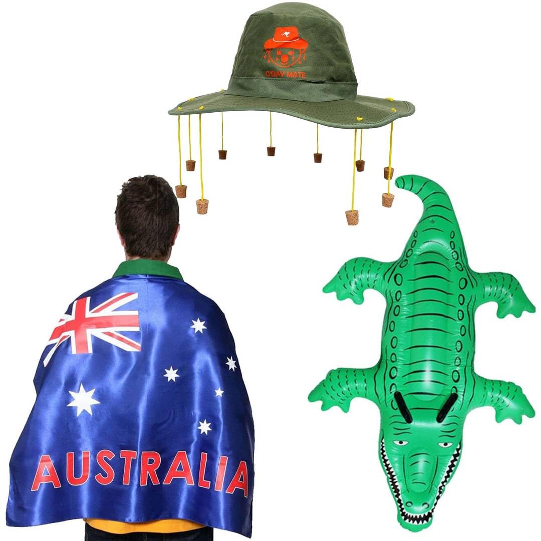 Australia Day Costume Set with Aussie Flag Cape, Australian Cork Hat with Koala Print & Inflatable Crocodile – Unisex Aussie Fancy Dress Outfit for Australia Day Parties, BBQs & Events