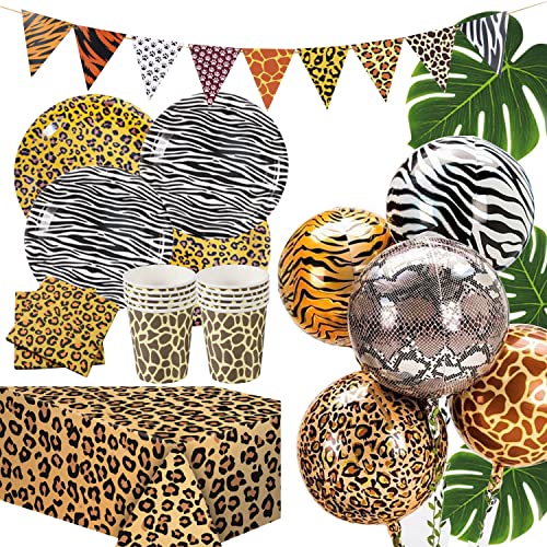 YiiiGoood 60 Stk. Safari Geburtstagsdeko Pappteller, Safari Servietten, 4D Folienballons Waldtiere Pappbecher, Tischdeko, Girlande, Kindergeburtstag Dekoration Dschungel Deko Leoparden Partygeschirr