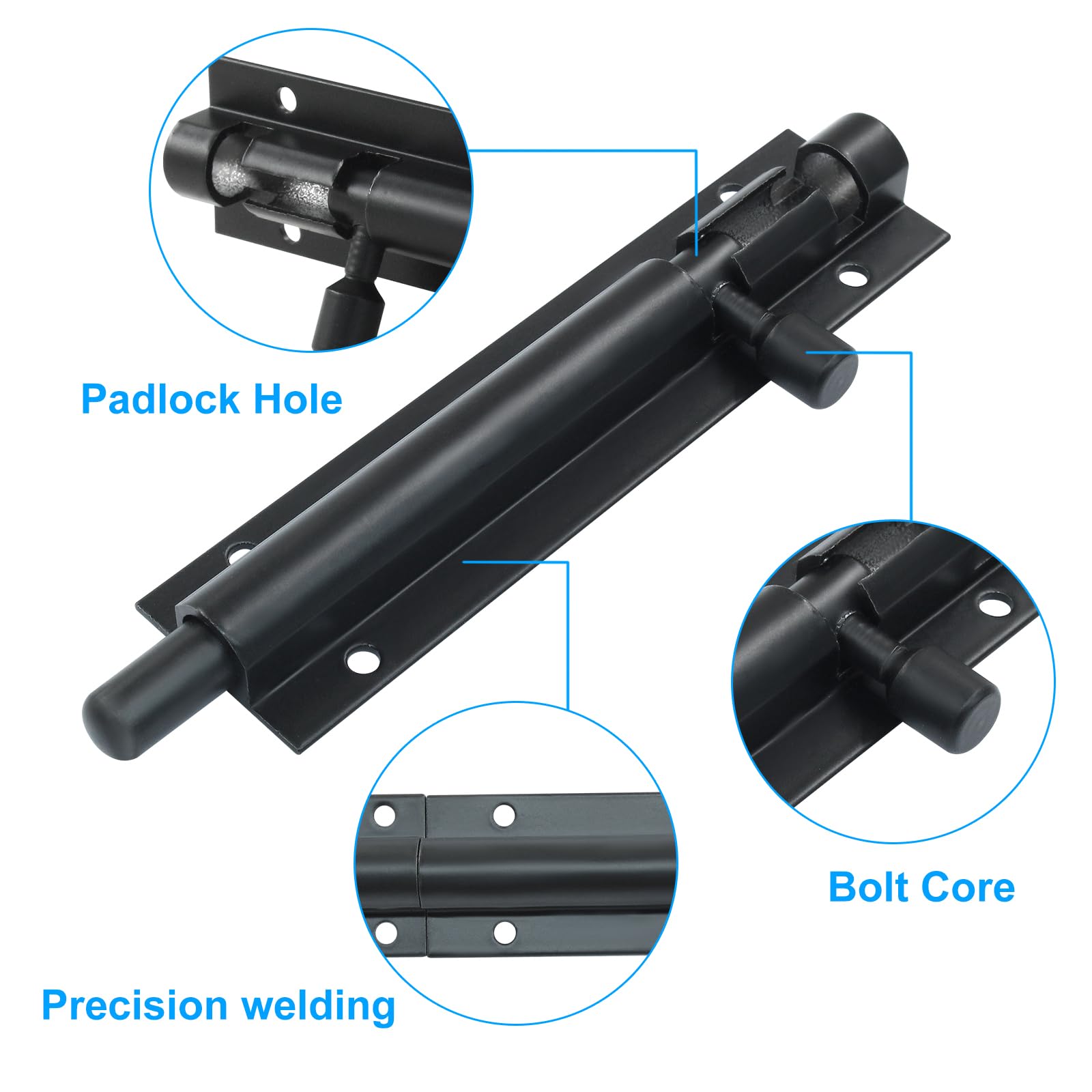 Cjueiom 2 Pack Door Lock Bolts, 4 Inch / 100mm Black Barrel Bolt Latch Heavy Duty - Image 4