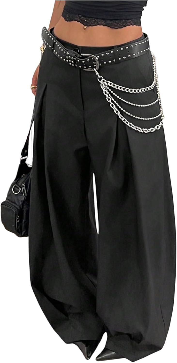 Verdusa Women's Wide Leg Dress Pants Baggy Long Trousers with Pockets Streetwear