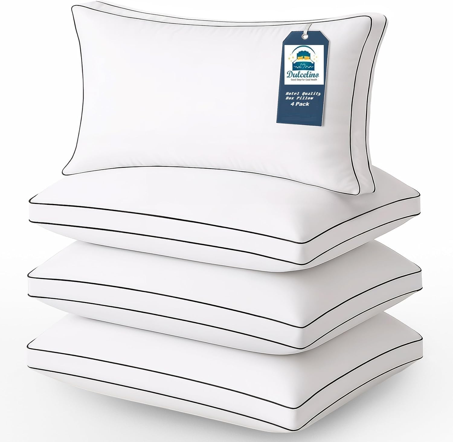Dulce Lino Premium Hotel Quality Egyptain Cotton Box Pillows Hypoallergenic & Anti Dust Mite Resistant Pillows for Back, Stomach or Side Sleepers (Pack of 4)