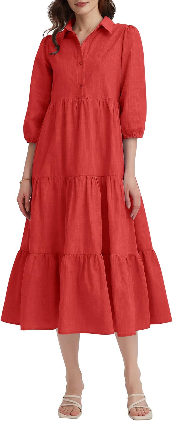 Womens 3/4 Sleeve Tiered Maxi Dresses Casual Button Down Tie Waist Flowy Shirt Midi Dresses Long Ruffle Sundress