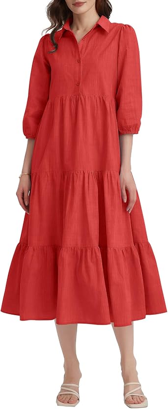 Kedera Womens 3/4 Sleeve Tiered Maxi Dresses Casual Button Down Tie Waist Flowy Shirt Midi Dresses Long Ruffle Sundress