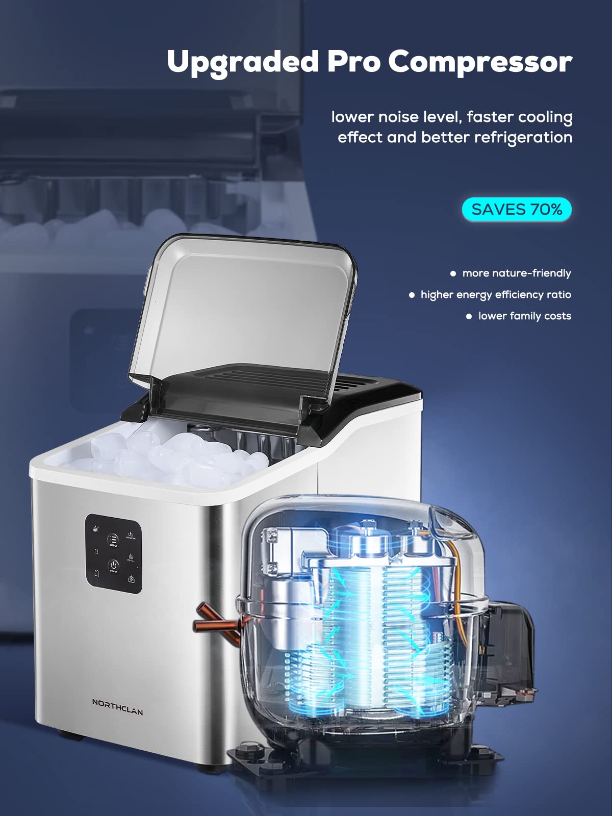 Máquina de cubitos de hielo autolimpiante NORTHCLAN, 14 kg 24 piezas, 3 tamaños de cubitos de hielo, 9 cubitos de hielo en 6 minutos, pantalla LCD y depósito de agua de 2,3 l, fabricador de hielo