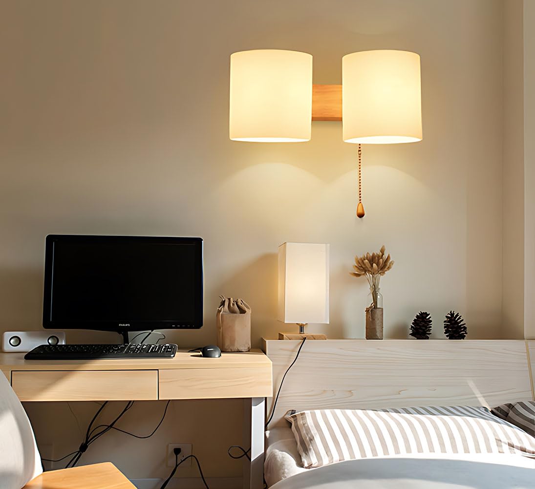 Holz Wandlampe Glasschirm mit Zugschalter 2 Flammig Innen Wandlichte mit Schalter Runde Schlafzimmer Nachttischlampe Glas Lampenschirm Wandleuchte Moderne E27 für Treppe Flur Wohnzimmer