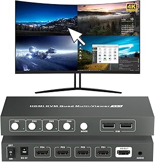 HDMI Multiviewer Switch 4X1, 4K@30Hz Quad Multiviewer Seamless Switch, HDMI KVM Switch with USB and Audio Ports, Mouse Sliding Switch Control Supported